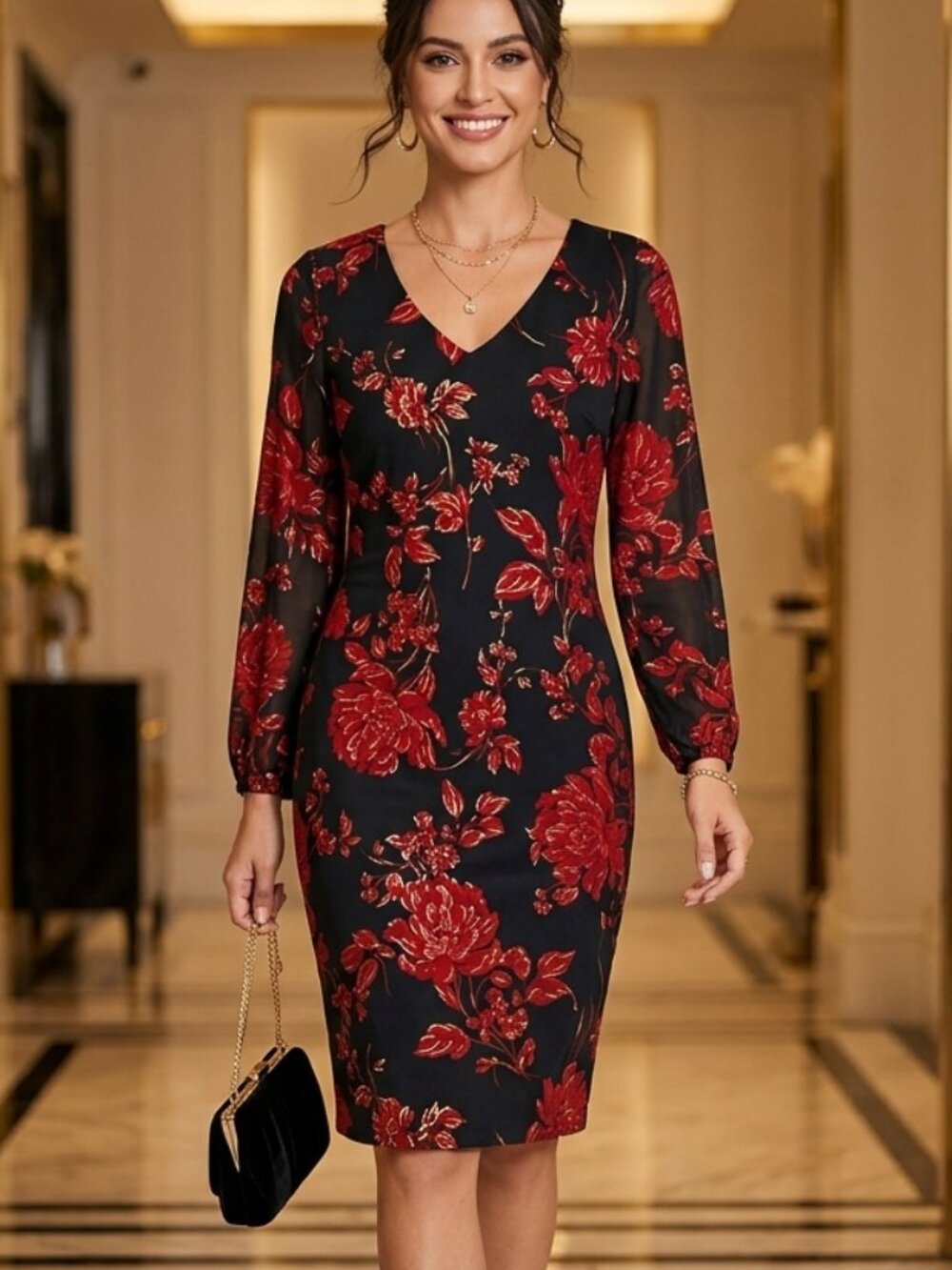 RN Studio Black Red Floral Sheer Sleeve Shift Dress Size 18 NEW Luxe